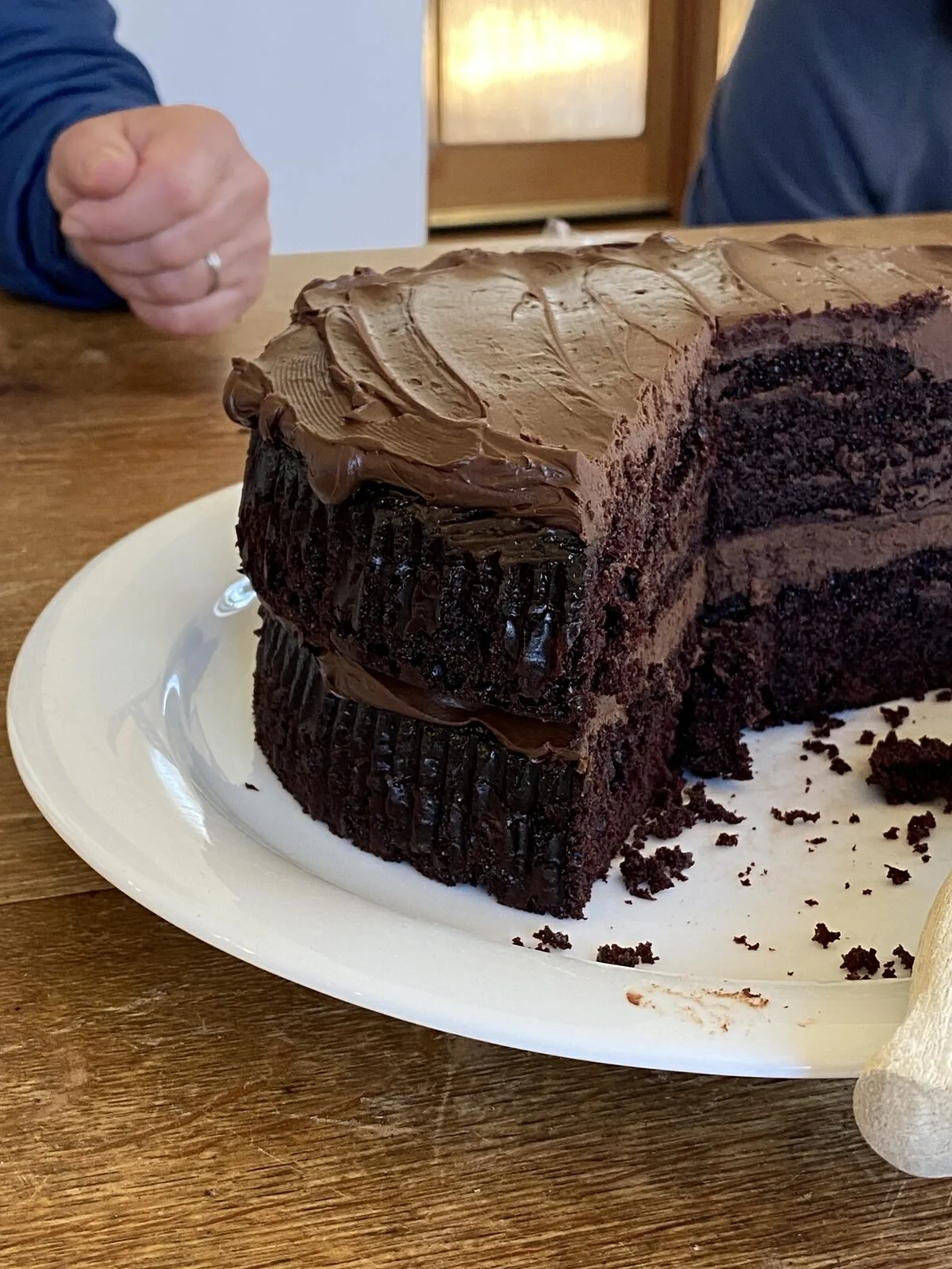 Chocolate cake cut open to show the crumb